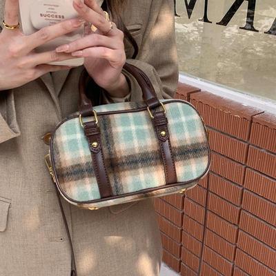 2023 Retro Plaid Woolen Bowling Bag for Women - Versatile College Style Shoulder & Messenger Bag