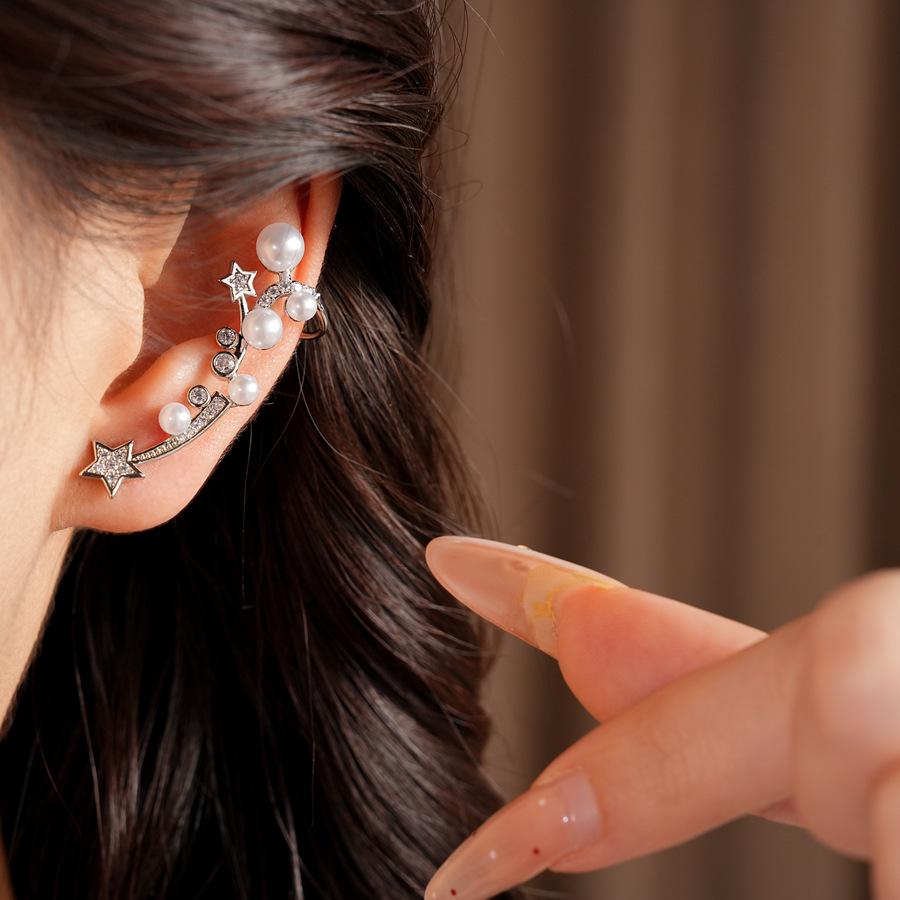 Zirconia Star Pearl Ear Clip - Luxurious, No-Piercing Earrings for Women