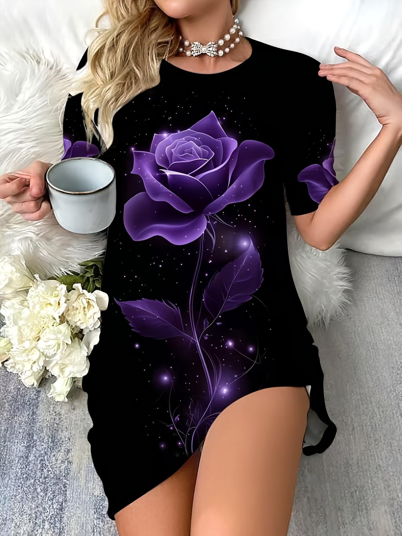 

Black Short Sleeve Dress Pattern Women S Dress with Purple Rose Print. All-Season Pajamas. Machine Washable 8XL дубильна кора