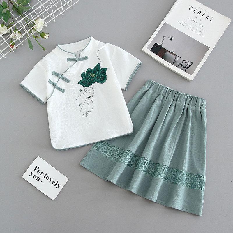 Kız Çocuk Yabancı Stil Retro Çin Stili Hanbok Takımı Küçük Kız Çiğsam Yarım Etek Yaz İki Parça Takım