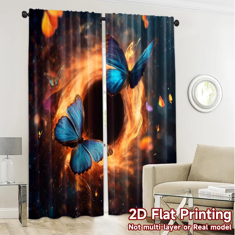 Set Of 2 Modern Flat Printing Curtains Without Rod Celestial Butterflies Durable Polyester Curtain With Light Filtering