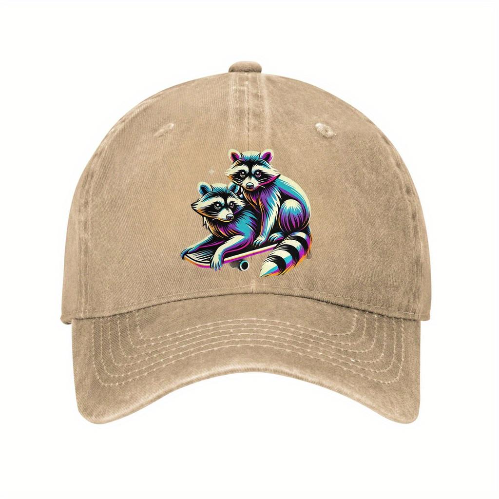 Colorful Raccoons On Skateboard Baseball Cap Rainbow Aesthetic Cotton Dad Hat Casual Adjustable
