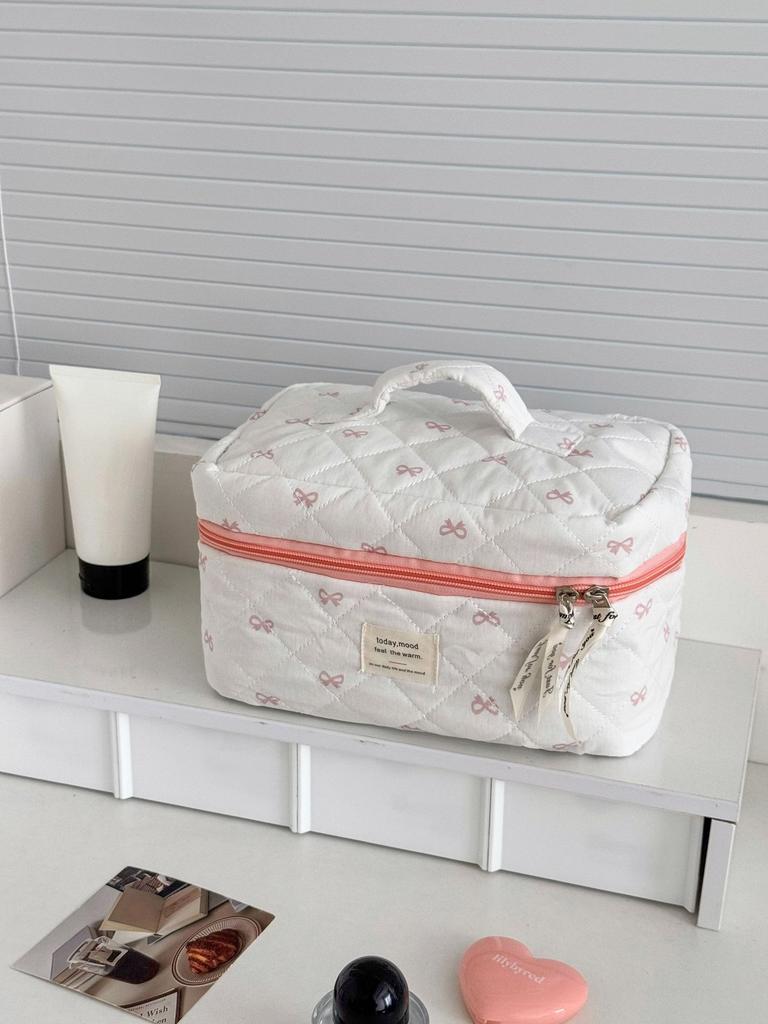 Large Capacity Quilted Cotton Ladies Pillow Handbags Sweet Bowknot Women's Cosmetic Bags High-Quality Female Wash Storage Bag