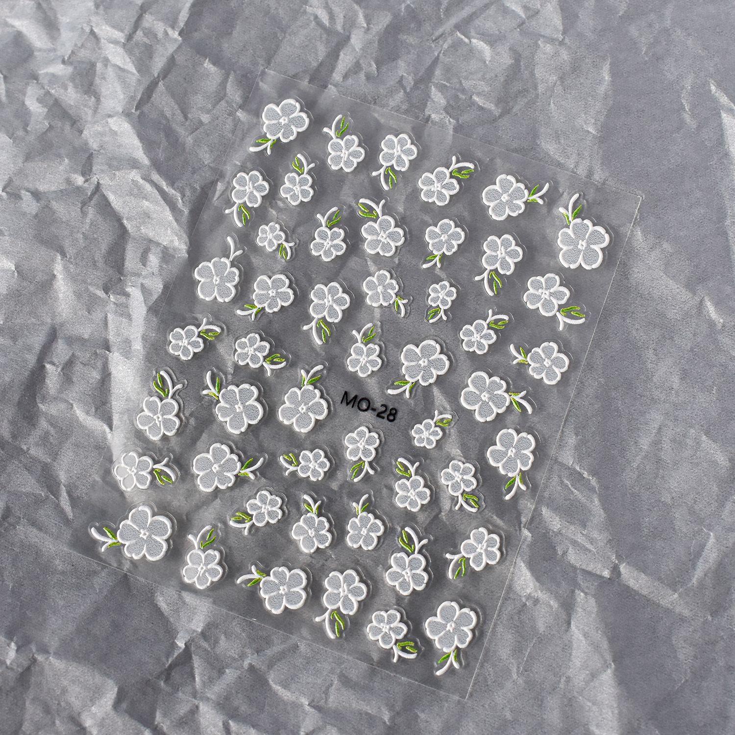 

3D Cherry Blossom Nail Art Decals: Embossed Semi-Transparent White Five-Petal Flower Stickers with Adhesive Backing