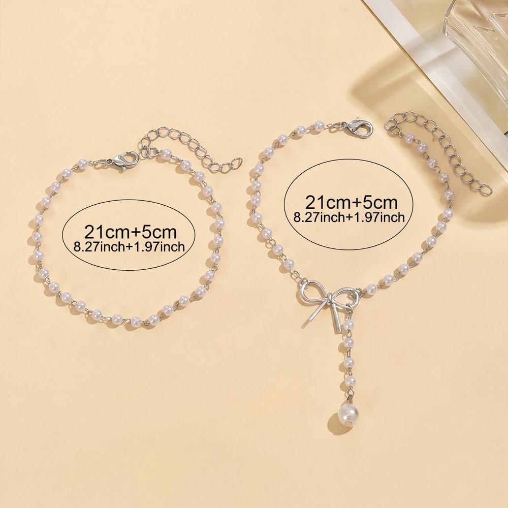 2Pcs Layered Bow Pearl Anklets for Women Gold Dainty Tassel Hypoallergenic Summer Beach Vacation Jewelry Gift