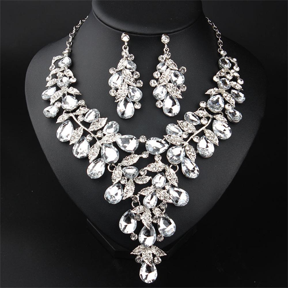 Gorgeous Colorful Crystal Flower Drop Collar Necklace Earring Luxury Wedding Jewelry Set Exaggerated Girl's Bridal Party Gift