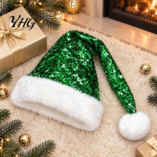 Sparkly Christmas Performance Hats Long Santa Hat for Party, Sequin Plush Xmas Comfortable Trim with Fur Ball Adults, Festive Holiday Costume