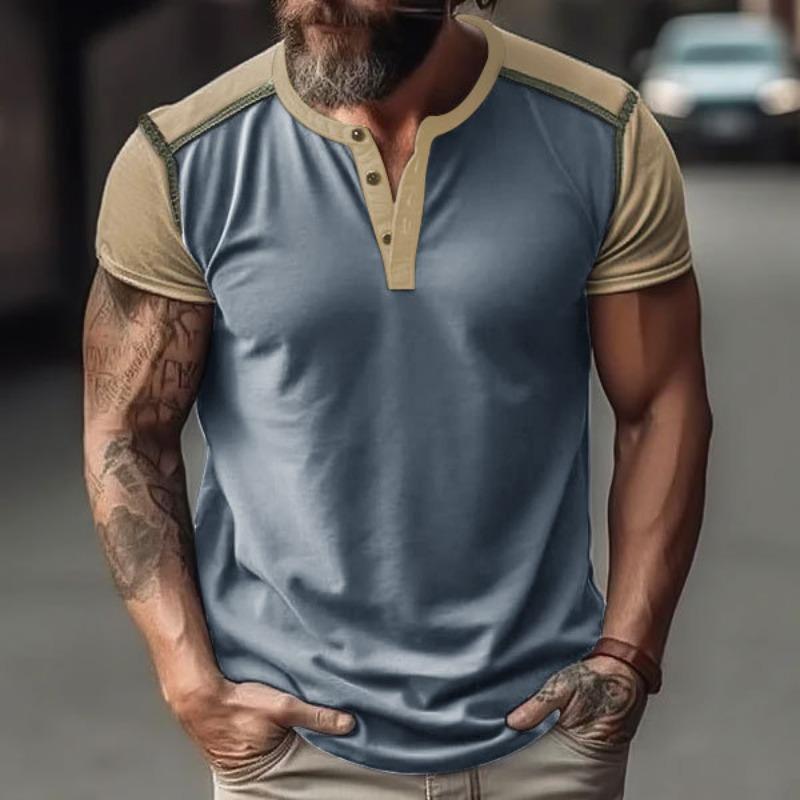 Men Casual Loose Color Block Short Sleeve Henley T Shirt