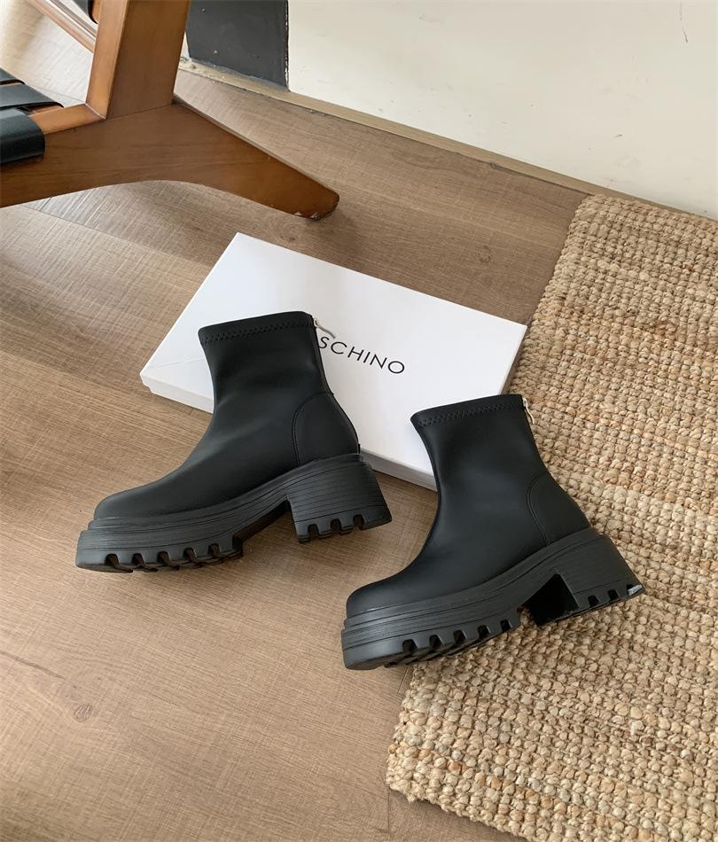 

Rear zipper slim short boots women s new soft leather heightened thick-soled retro versatile muffin Martin boots in autumn and winter 2025 39 чёрный