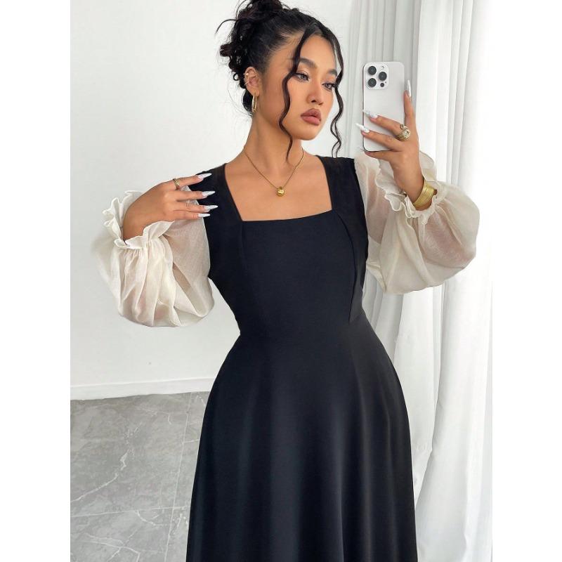 New Stylish Dress with Square Neckline, Puff Sleeves and Mesh Insert for Women