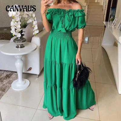 Vestidos de Mujer de Moda Nueva Monocolor con Cinturón con Volantes y Borde de Hoja, Busto con Manga Farol y Falda Amplia