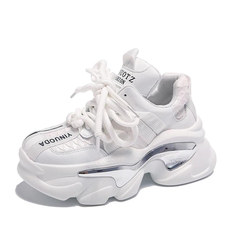 Fashion 8.5CM Autumn Chunky Sneakers for Women 2025 High Platform Sports Patchwork Leather Shoes Woman Lace-up Thick Bottom Dad Shoes