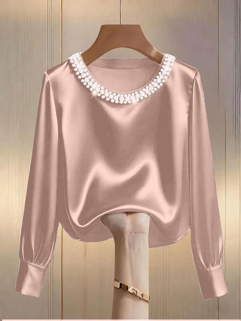 2026 French High-End Pearl Round Neck Satin Top for Women - Spring/Summer Collection
