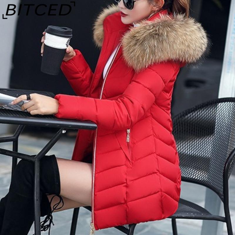 BITCED Winter Coat for Women - Mid-Length Slim-Fit Cotton Jacket with Large Fur Collar and Down-Filled Quilted Design