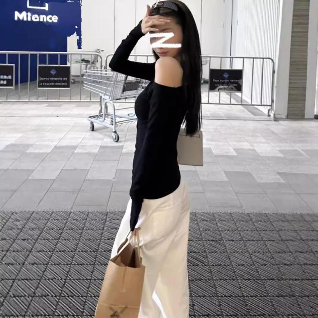 Pure Desire Slim Fit Off-Shoulder Long-Sleeve T-Shirt for Women - Versatile Early Autumn Top