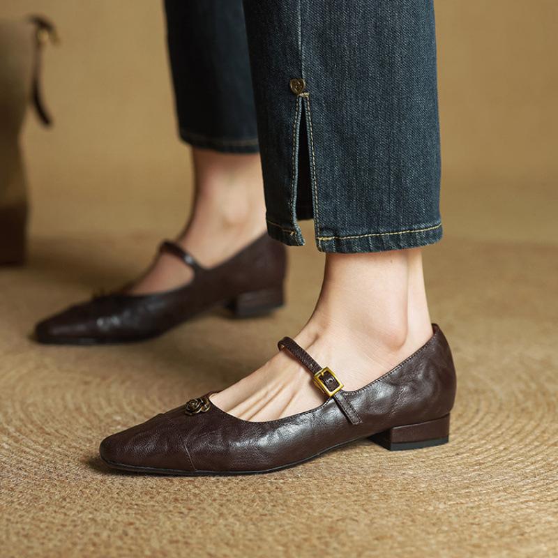 New Low-top Shallow-mouth Leather Single Shoes, Comfortable Low-heeled Single Shoes, Women's Head and Foot Pedal, Comfortable Beef Tendon So