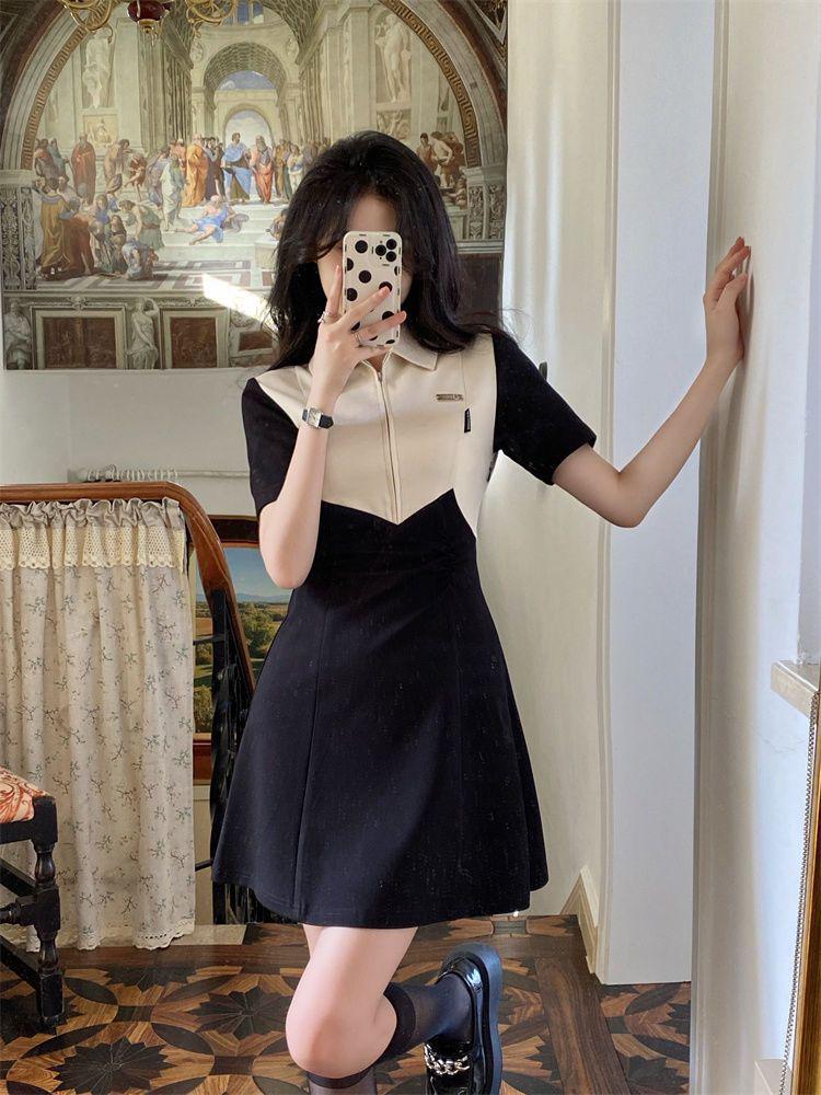 Color Block Polo Neck Slimming Dress with Waist-cinching Zipper and Slit for Women - Summer Collection