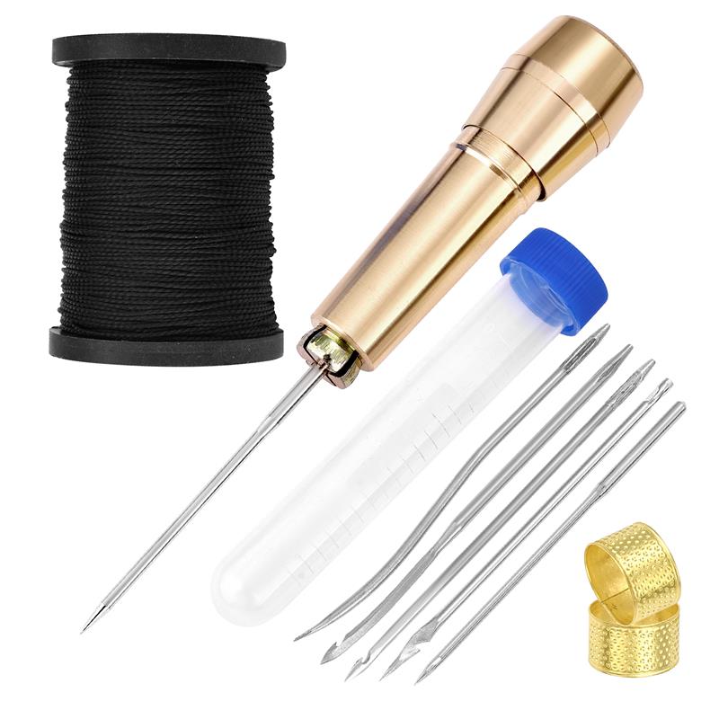 Leather Sewing Kit DIY Leather Sewing Awl Needle With Copper Handle Set Leather Canvas Tent Shoes Repairing Tool W/Nylon Thread