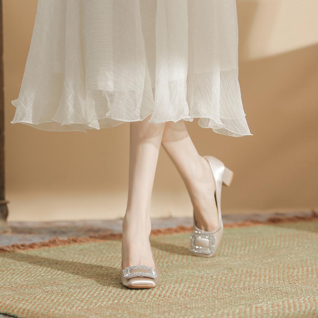 Beautiful with skirt and outer wear Guangzhou thick heel high heels women's sheepskin pad square head solid color satin women's shoes spring