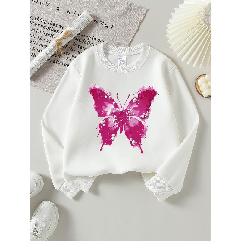 European sizes Kids Sweatshirt, Kids Clothing, Kids Round Neck Fashion Sweatshirt, Pink Butterfly with Pearls, Kids Trendy Printed Sweatshirt 110