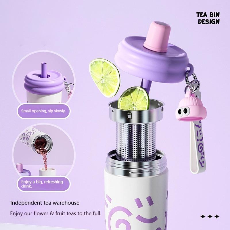 COOKER KING 600ml Insulated Cup with Tea Strainer Straw Thermos Cup Stainless Steel Vacuum Flask Girls Students Hot & Cold Flask