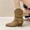 Thick Heel Wide Boots Western Boots High Heel Martin Boots Pointed Suede Belt Buckle Medium Boots Women's Autumn and Winter European and American R