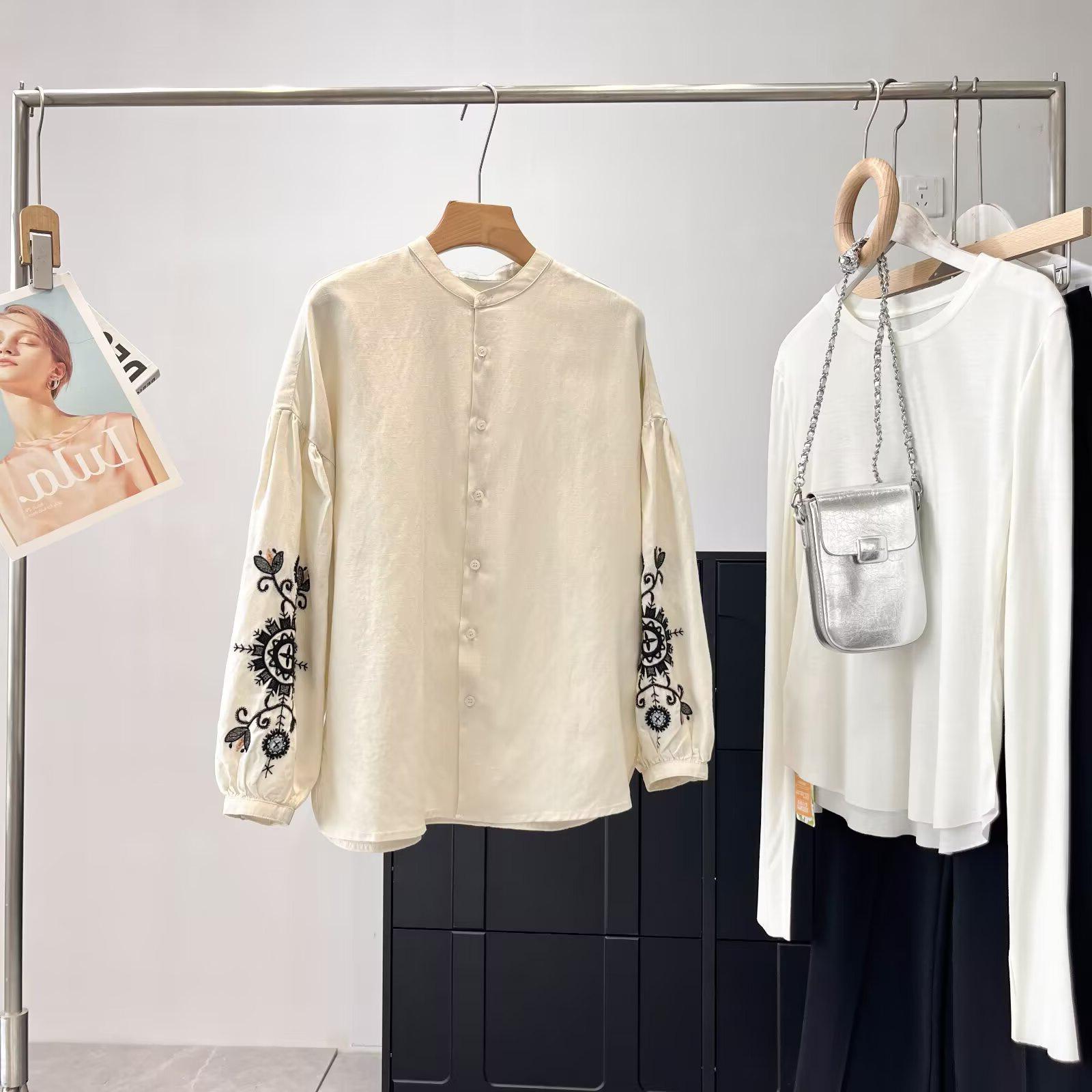 

Summer Women s Floral Embroidered Cotton Linen Shirt with Long Sleeves Extra Small