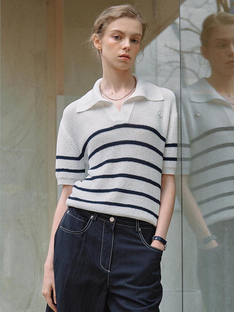 LOEUVRE Open Collar Stripe Knit Sk3Mp226-03