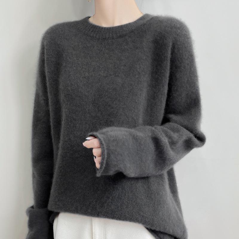 100% Pure Wool Women's Round Neck Knit Sweater - Long Sleeve, Loose, Lazy Style for Autumn/Winter