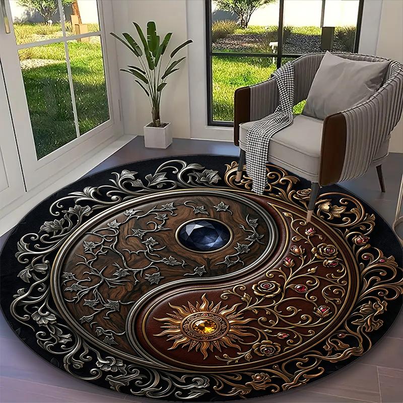 Classic Black White Rose Yin Yang Rug Ideal for Reading Room, Multi-purpose Office Chair Sofa Carpet, Anti-slip Printed Home Round Rug