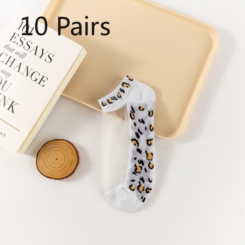 10 Paar Sommer-Kurzsocken mit Leopardenmuster, Kristall-Socken, Atmungsaktive und vielseitige Damensocken, Dünne Socken aus Glasfaser für Damen
