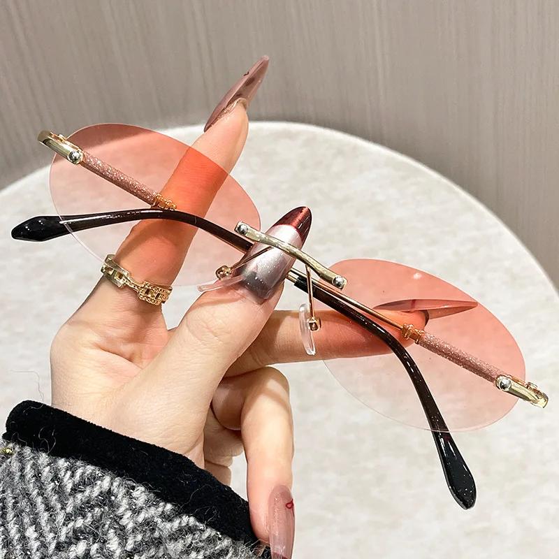 Rimless Oval Sunglasses For Women Men Luxury Brand Eyewear Vintage Round Sun Glasses Ladies Stylish Boundless Shades UV400 Quality