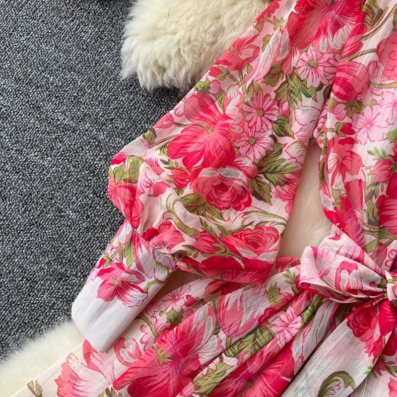 Ästhetisches elegantes Print-Revers-Langarm-Kleid-Frauen-Mode-Vintage-schlanke offene Gabel-Rüschen-Kleider weibliches Design schicke natürliche Chiffon-Kleidung