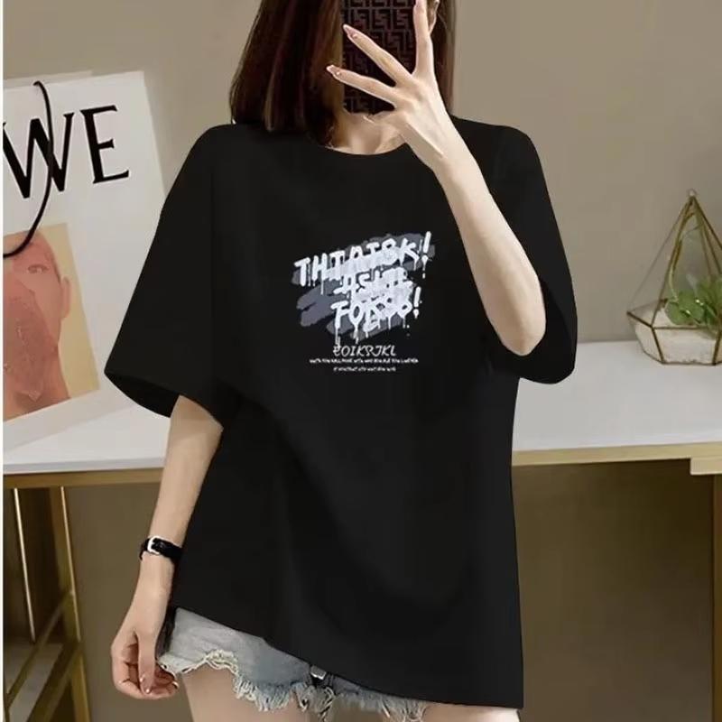 Women Clothing Fashion All-match Letter Graphic T-shirt Unisex Summer Casual Pure Cotton Short Sleeve Top Tees Basic Pullover