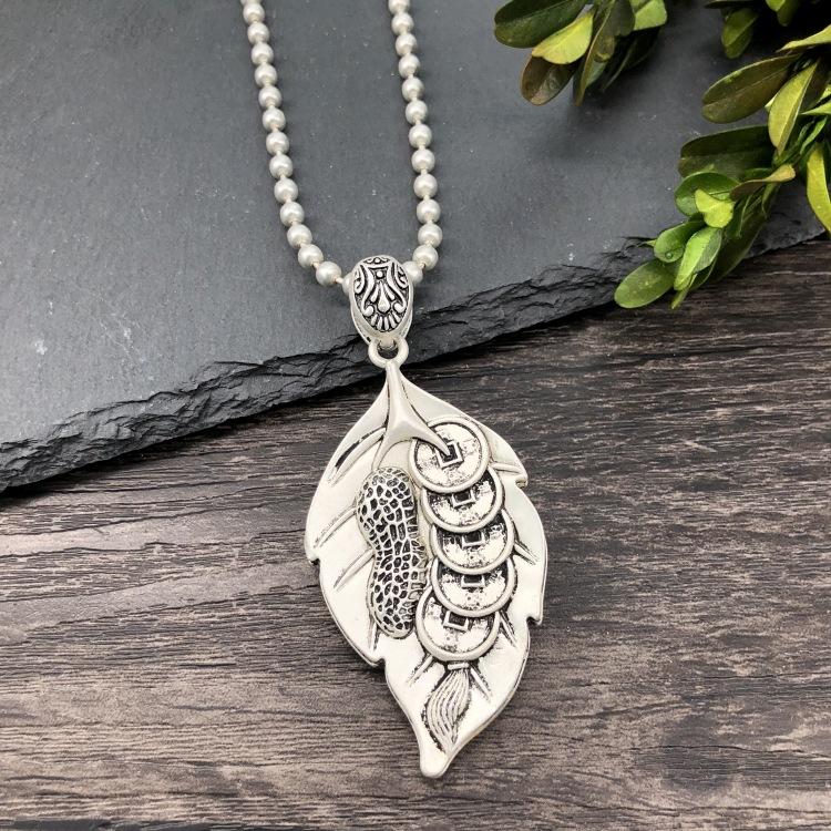 Vintage Thai silver long necklace flower pendant simple long sweater chain accessories women
