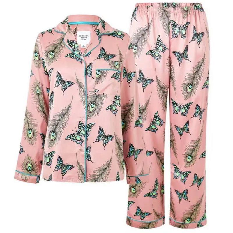 

Original Order Light Luxury ~ Butterfly Silk Satin Pajamas Women s Suit Long sleeve Trousers Home Wear Fashion Pink L