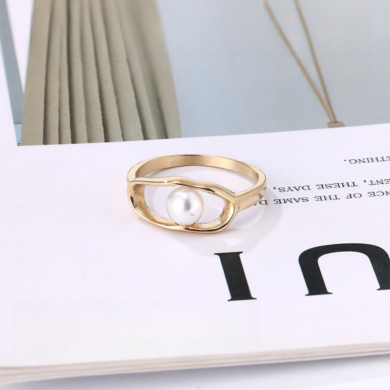 Hollow Freshwater Pearl Ring Women's Niche Design Stacked Ring, Titanium Steel Electroplating Fashion Jewelry