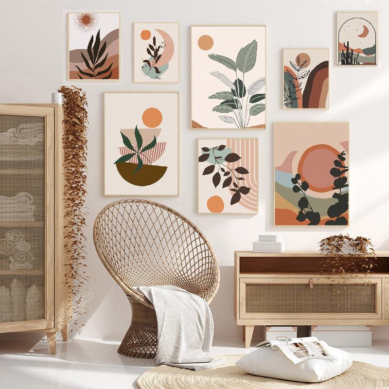 

Современные абстрактные листья Солнце Луна скандинавская живопись плакаты и принты холст живопись настенные панно для декора гостиной