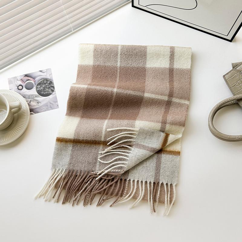 New Wool Warm Scarf for Women in Color Blocked Plaid Scarf Long Tassel Scarf Thickened and Warm