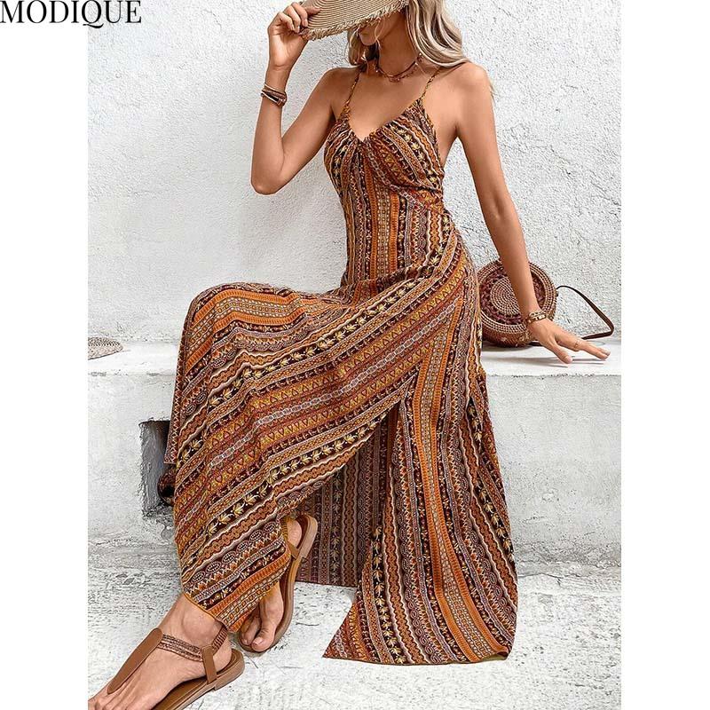 MODIQUE 2025 Sommer Neu Damen Retro Sexy Tiefer V-Ausschnitt Rückenfrei Ärmellos Print Schlitz Slip Langes Kleid Damen Lässig A-Linien-Kleid
