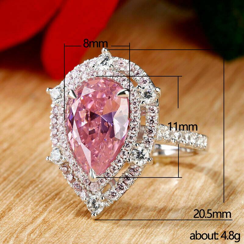 Bague de luxe légère en forme de goutte d'eau avec diamants légèrement incrustés, bague poire rose tendre pour femme