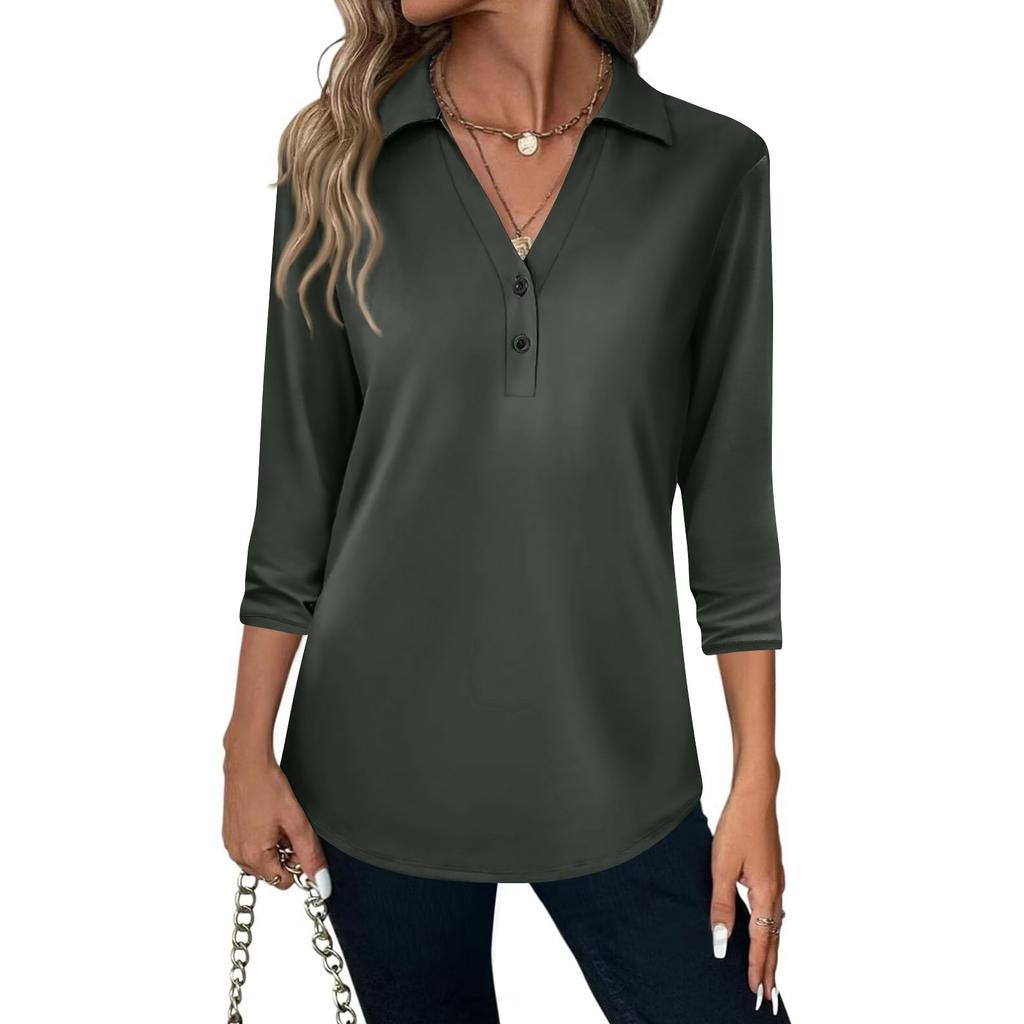 Women's Fashion Casual Lapel Short 3/4 Sleeve Solid Color Shirt Women's V-Neck Button Tops
