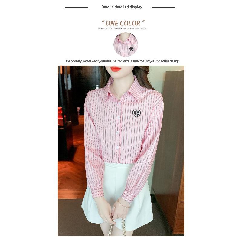 2026 New Women's Embroidered Cotton Shirt, Fashionable and Youthful Striped Long Sleeve Blouse