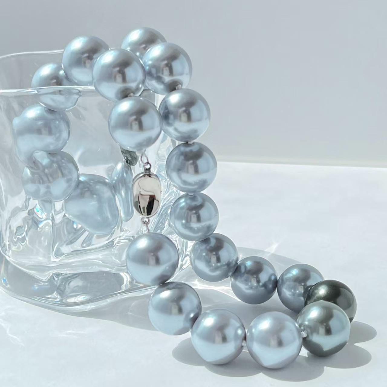 Vintage 16Mm Large Particle High Quality Haze Blue Gray Artificial Crystal Pearl Necklace Collarbone