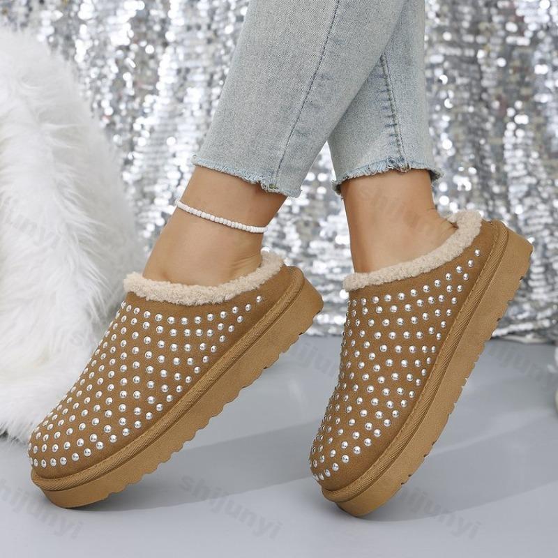 Fashion Women's Cotton Slippers Winter New Fashion Rhinestone Thicken Warm Home Shoes Lightweight Comfortable Outdoor Non Slip Flats