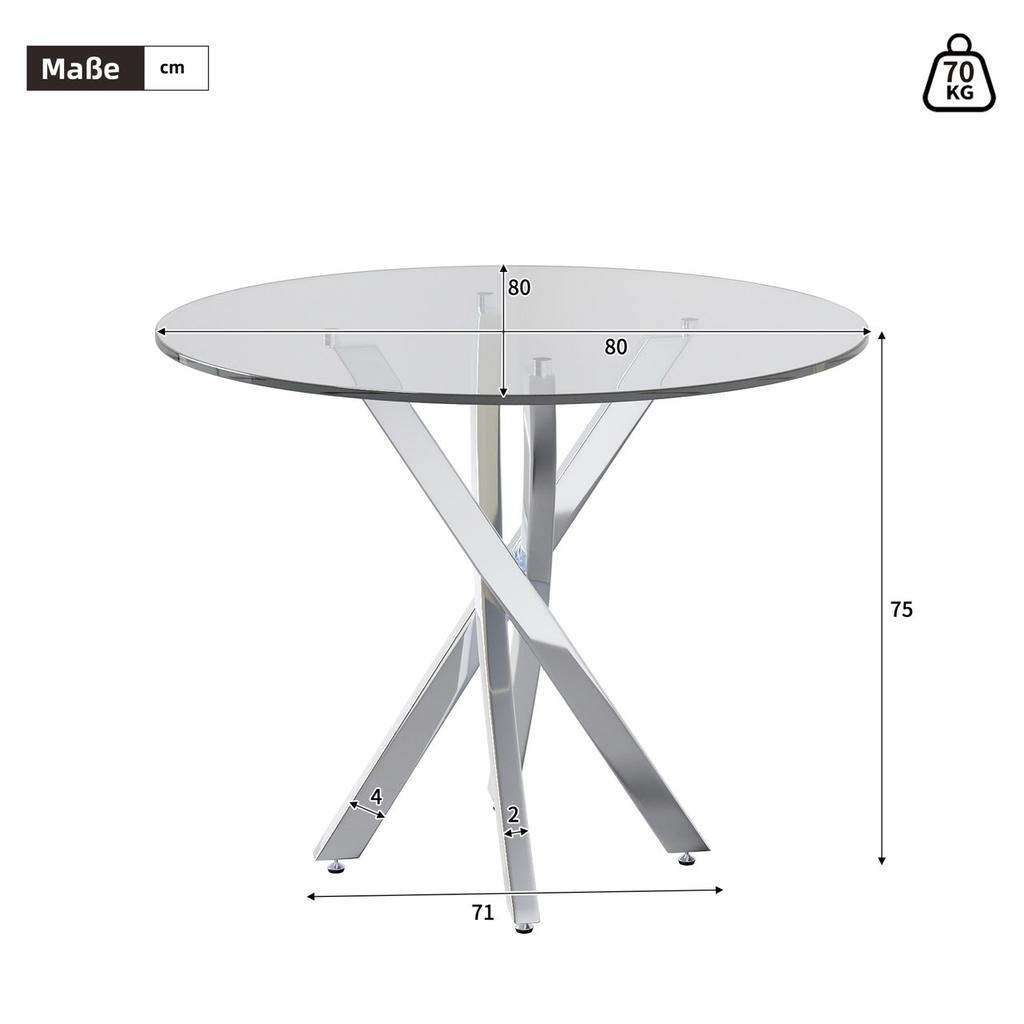 Mesa de Comedor Redonda, 80*80*75 Tablero Hecho de Vidrio Templado, Patas de Mesa Galvanizadas, Mesa de Café de Ocio, Mesa de Comedor Moderna Sencilla, Plata