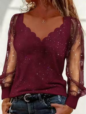 European Style V-Neck Long Sleeve Mesh T-Shirt