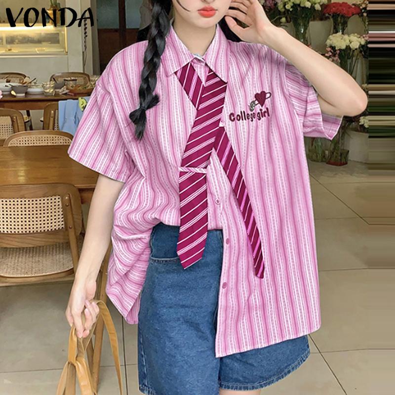 

VONDA женские повседневные рубашки свободного покроя с коротким рукавом в студенческом стиле в полоску 3XL розовый
