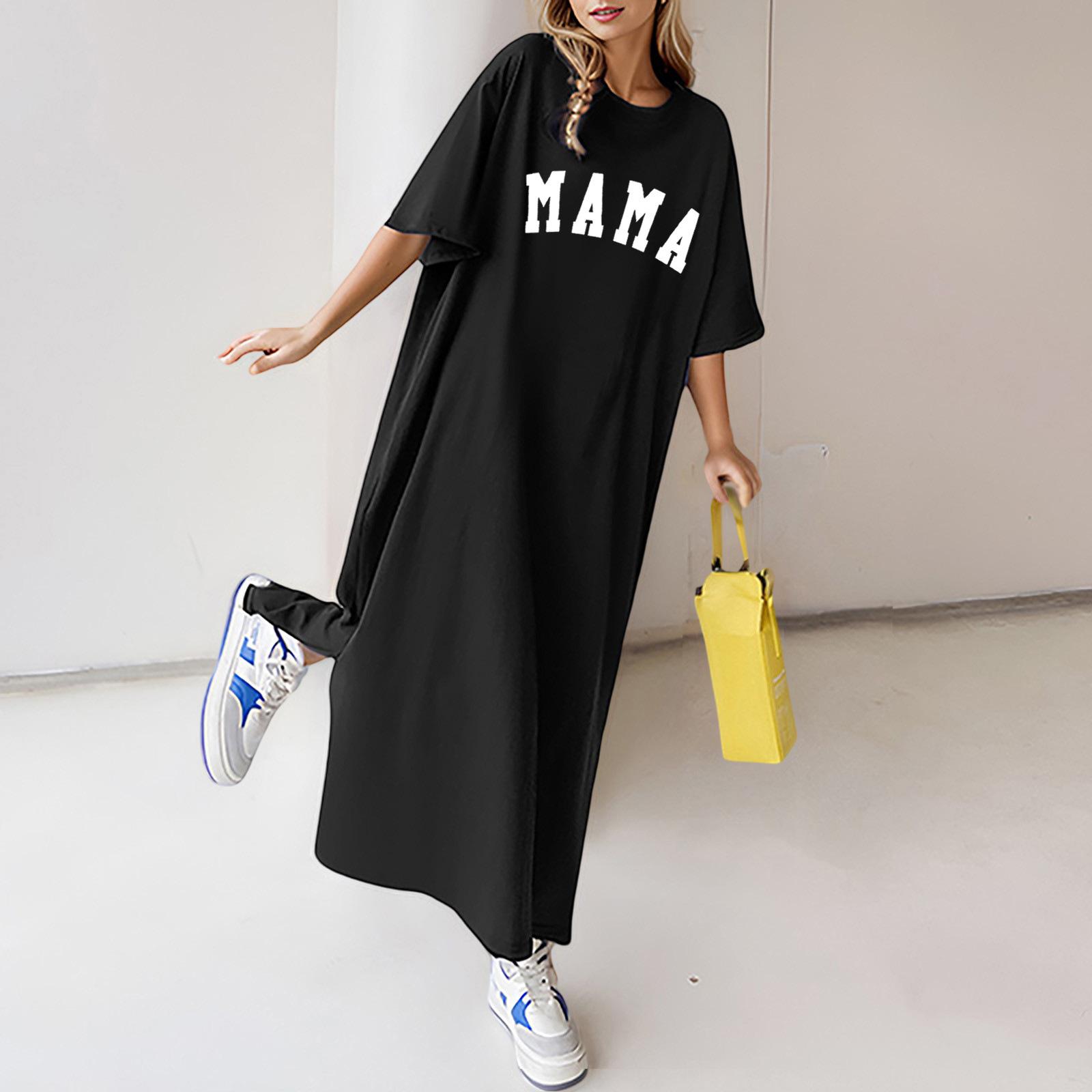 2026 women s summer new lazy short-sleeved knee-length dress loose large-size letter-printed short-sleeved t-shirt dress M чёрный