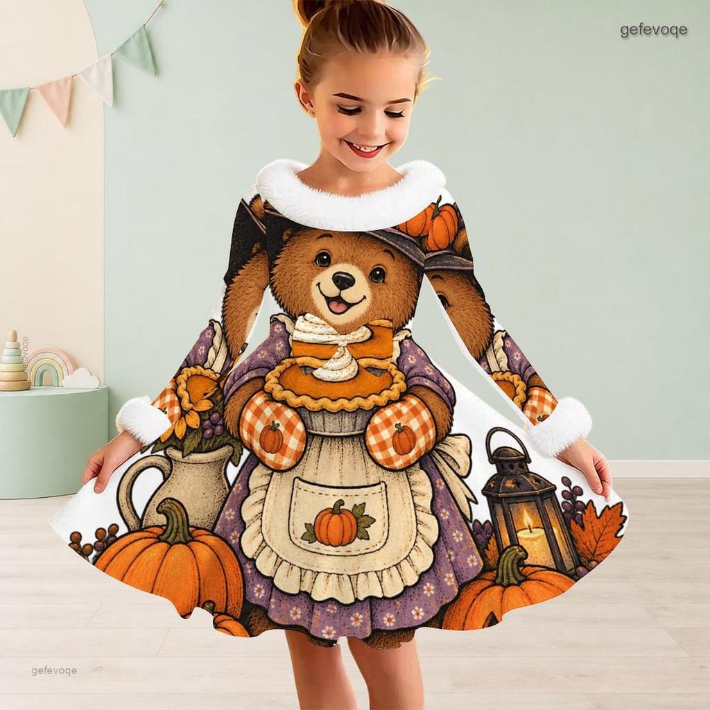 Girls High Neck Long Sleeve Halloween Black Cat Pumpkin Printed Fuzzy Trim A Line Dress